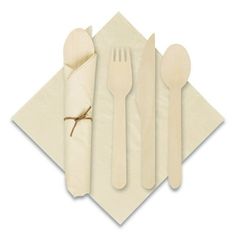 wooden utensils and napkins on a white background