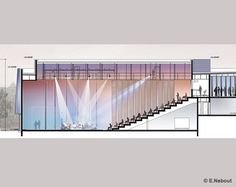 an architectural drawing of a building with people walking up and down the stairs to it