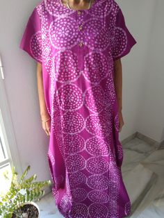 Cotton kaftan Traditional Batik Print Kaftan For Beach, Casual Purple Tunic Kaftan, Purple Short Sleeve Kaftan For Beach, Batik Print Free Size Kaftan For Beach, Free Size Batik Print Kaftan For Beach, Free Size Batik Print Kaftan For Beach Cover-up, Bohemian Summer Dresses For Home, Handmade Maxi Dress For Vacation, Traditional Purple Kaftan For The Beach