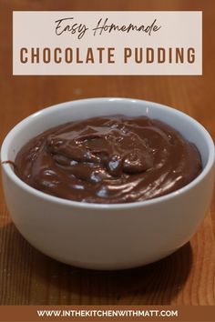 chocolate pudding in a white bowl with text overlay