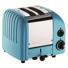 a blue toaster sitting on top of a white counter