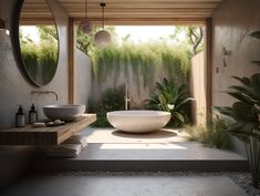 a bathroom with two sinks and a large bathtub in the center, surrounded by greenery