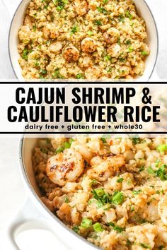 cajun shrimp and cauliflower rice in a white dish with text overlay