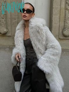 Lunivop Winter Plush Faux Fur Jacket For Women Versatile Turn Down Collar Long Sleeve Coats Female Oversized Fur Coat, Beige Faux Fur Coat, Ski Outfits, White Faux Fur Coat, Fit Clothes, Fits Clothes, Winter Outerwear, White Faux Fur, Fur Fashion