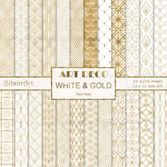 white and gold digital paper set with geometric patterns, textures and text that reads art deco