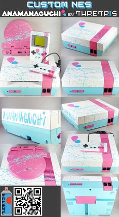 several pictures of an old computer with pink and blue paint on the front, side, and back