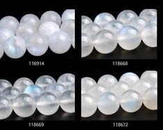 three pictures showing different sizes and shapes of white opalite beads on black background