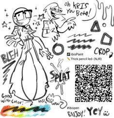 a drawing of a woman with glasses and some words on her face, next to a qr code