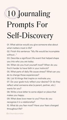 a white poster with the words 10 journaling prompts for self - discovery on it