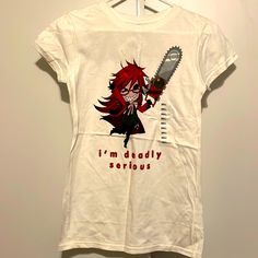 Deadly Serious T. Perfect For Halloween. New With Tags! Halloween Anime Print Cotton T-shirt, White Halloween Cosplay Top, Cotton Anime Print T-shirt For Halloween, White Tops With Anime Print For Halloween, White Anime Print Top For Halloween, White Top For Halloween Cosplay, Edgy Halloween Anime Print T-shirt, Edgy Anime Print T-shirt For Halloween, Halloween Cotton Top With Anime Print