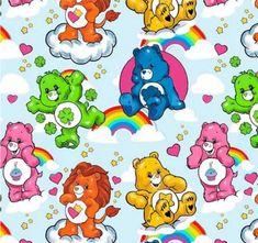 a group of teddy bears with rainbows and clouds on a blue background that is very colorful