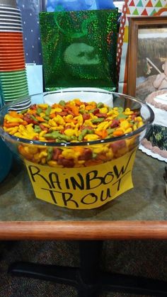 a bowl filled with gummy bears sitting on top of a table