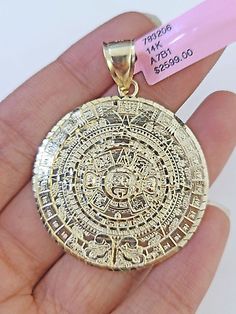 Premium Real 14k Yellow Gold Circular Mayan Calendar Pendant Charm 14kt, Jewelry & Watches Fine Jewelry In 14k Gold With Intricate Design, Symbolic 14k Gold Medallion Jewelry, Oval 14k Stamped Yellow Gold Jewelry, Exquisite 14k Gold Jewelry With Intricate Design, Engraved 14k Gold Oval Jewelry, Fine Jewelry Large Pendant In White Gold, Engraved Oval 14k Gold Jewelry, Antique Gold Plated Jewelry With Intricate Design, White Gold Large Pendant Fine Jewelry