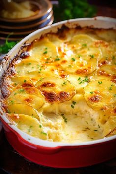 a red casserole dish with potatoes and parsley in it on a table