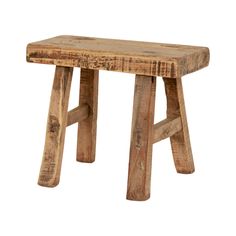 a small wooden stool sitting on top of a white floor