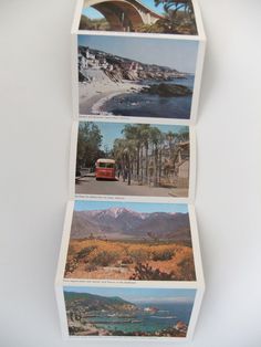 four postcards with pictures of mountains, trees and water in them are stacked on top of each other