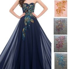 women's strapless evening dress with peacock appliques and sequins