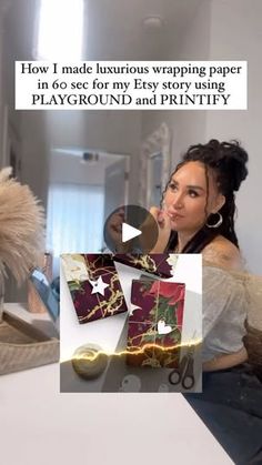 a woman sitting at a table in front of a stuffed animal and text that reads how i made luxurious wrapping paper in 60 seconds for my easy story using playground