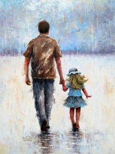 a painting of a father and daughter holding hands walking in the rain with an umbrella