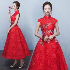 Floral embroidered Aline red lace tea length Chinese wedding dress – Modern Qipao Bridal Dresses Pakistani, High Tea Dress, New Bridal Dresses, Cheongsam Traditional, Dresses Pakistani, Linen Wedding Dress, How To Dress For A Wedding, Modern Qipao