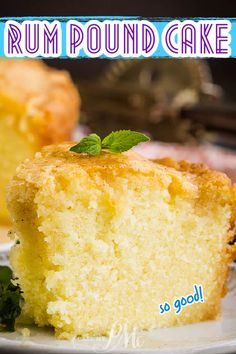 a close up of a piece of cake on a plate with the words rum pound cake