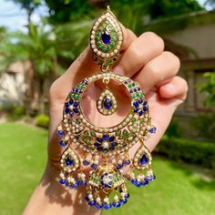 Bollywood jadau chandbali with jhumka 22k Gold Jewelry Necklaces, Pakistani Earrings, 22k Gold Jewelry, Hanging Beads, Emerald Blue, Chandbali Earrings, Jhumki Earrings, Pearl Necklace Set, Gold Jewelry Necklace