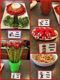 a series of pictures showing different foods and decorations for a mario birthday party, including grapes, strawberries, broccoli