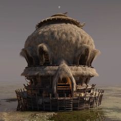 an artistic rendering of a hut on stilts in the middle of water with people inside