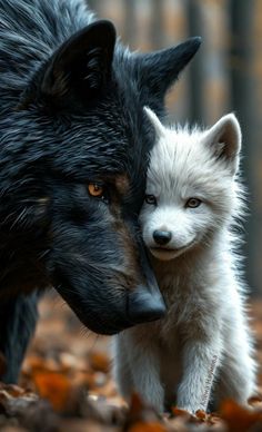 two black and white wolf puppies standing next to each other in the woods with leaves on the ground