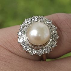 Vintage 14k Gold Ring Art Nouveau Ballerina Style, with off White Pearl and Bright White Single Cut Diamonds approx .85cttw by PBEstateFinds on Etsy Vintage White Diamond Ring With Halo Setting, Vintage White Pearl Ring With Brilliant Cut, Vintage Brilliant Cut Pearl Ring For Wedding, Vintage Wedding Pearl Ring With Brilliant Cut, Classic White Pearl Ring With Rose Cut Diamonds, Classic Cluster Pearl Ring For Wedding, Classic Wedding Pearl Ring With Cluster Shape, Victorian Style White Diamond Round Ring, Victorian White Diamond Ring