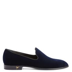 Loafers crafted from velvet-effect blue synthetic fabric with black trims, featuring black leather soles and leather inner lining and embellished with a golden metal 'Signature' detail applied to the outer side of the heel. Signature Hardware, Black Trim, Leather Fabric, Giuseppe Zanotti, Loafer Shoes, Midnight Blue, Black Velvet, Blue Black, Men's Shoes