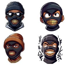 four cartoon faces with different facial expressions, one wearing a mask and the other wearing a beanie