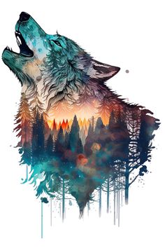 Wolf. Волк. PNG. Cool Colorful Backgrounds, Wolf Watercolor, Magical Wolf, Cabinet Refrigerator, Living Room Cabinet, Watercolor Wolf, Wolf Silhouette, Animal Ideas, Wolf Painting