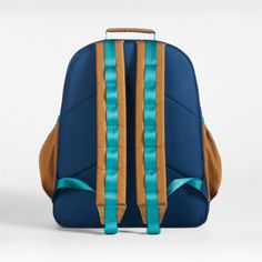 A backpack that's extra comfy and ready to handle all the adventures of the day. Combining colorblocks of navy and ocher with pops of aqua trim, the kids' large knapsack is constructed of supremely durable polyester made from recycled water bottles. A roomy interior holds everything your kid needs—books, school supplies, extra layers—and there's a padded pocket to keep their tablet protected. Outside pockets hold snacks, water bottles and more, and a strap secures a lunch box. Pair this book bag Blue Backpack For Outdoor Activities, Blue Backpack Diaper Bag For Everyday Use, Blue Functional School Backpack, Functional Blue School Backpack, Navy Nylon School Bag, Blue Softback Backpack For Outdoor Activities, Sporty Backpack For Camping, Camping Backpack With Adjustable Strap, Sporty Standard Backpack For Camping