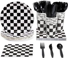 black and white checkerboard plates, forks, knives and napkins