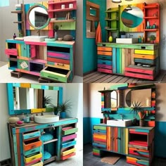 colorful bathroom vanity with mirror and sink made out of multicolored wooden pallets