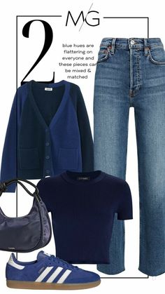 a pair of jeans, sweater and handbag are featured in this fashion advert