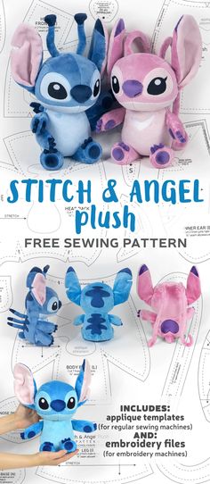 the stitch and angel plush sewing pattern is shown with instructions for how to make it