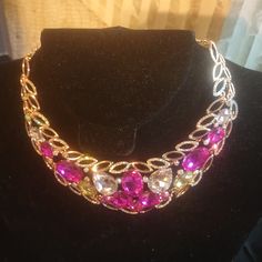 Multi Color Necklace For Women.Very Rich And Colorful Pink Rhinestone Jeweled Necklace For Parties, Pink Rhinestone Necklace For Party, Elegant Pink Rhinestone Necklace For Party, Elegant Pink Rhinestone Party Necklace, Pink Rhinestone Party Necklace, Pink Choker Necklace For Party, Pink Rhinestone Costume Jewelry Necklace For Gift, Pink Costume Jewelry For Party, Elegant Pink Rhinestone Necklace For Gift