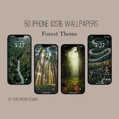 four iphone wallpapers with trees and forest scenes on them, all showing different themes