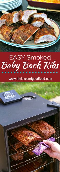 an easy smoker baby back ribs recipe on the grill with text overlay that reads easy smoker baby back ribs