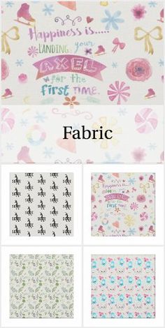 fabric with different designs on it and the words fabric written in white, pink, blue,