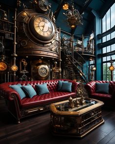 a living room filled with furniture and a large clock