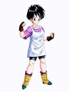 an anime character with black hair and blue eyes, in white shirt and yellow boots