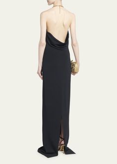 Bottega Veneta Backless Column Gown with Chain Detail - Bergdorf Goodman Pre-draped Halter Neck Maxi Dress For Evening, Elegant Evening Halter Neck Pre-draped Maxi Dress, Formal Pre-draped Halter Neck Evening Dress, Formal Pre-draped Backless Evening Dress, Pre-draped Halter Neck Evening Dress For Gala, Draped Evening Dress With Side Slits, Chic Party Gown With Cowl Back, Formal Sleeveless Backless Dress With Sweep Train, Chic Cowl Back Party Gown