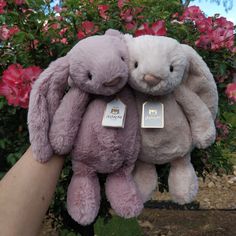 two stuffed animals sitting on top of each other in front of some bushes and flowers