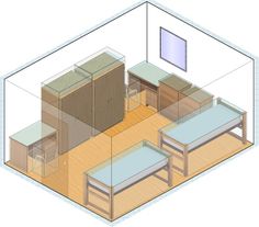 a drawing of a bedroom with two beds and a desk in the corner, viewed from above