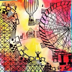 an art project with watercolors and ink on paper, depicting different types of ferris wheel