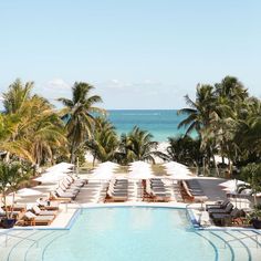 an outdoor swimming pool with lounge chairs and palm trees surrounding it, overlooking the ocean