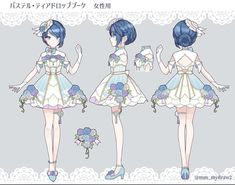 an anime character with blue hair and flowers on her dress, wearing high heeled shoes